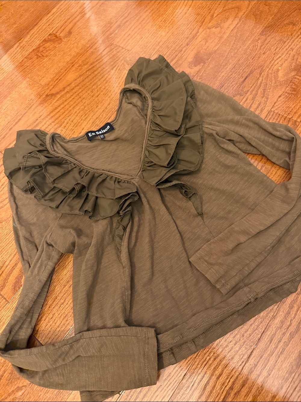 En Saison Olive Ruffle-Front Long Sleeve Top xs